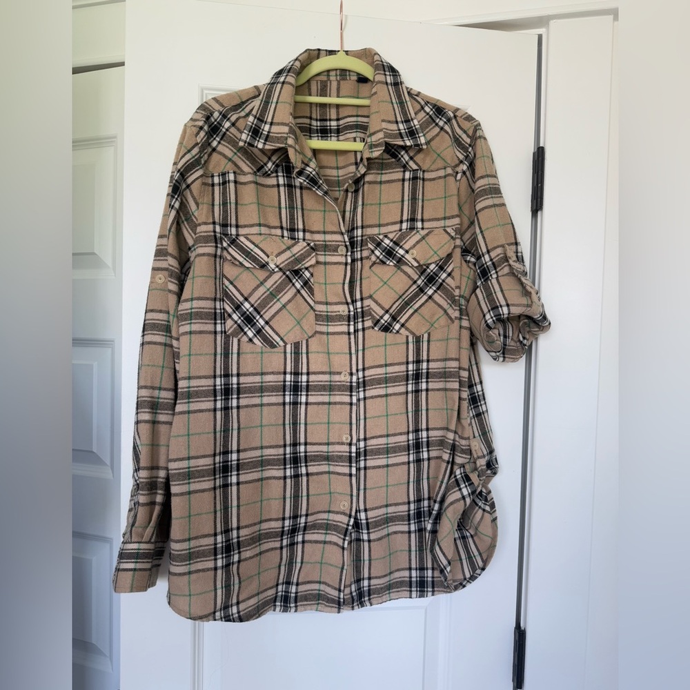 Tan Plaid Shirt with Green and Black Plaid